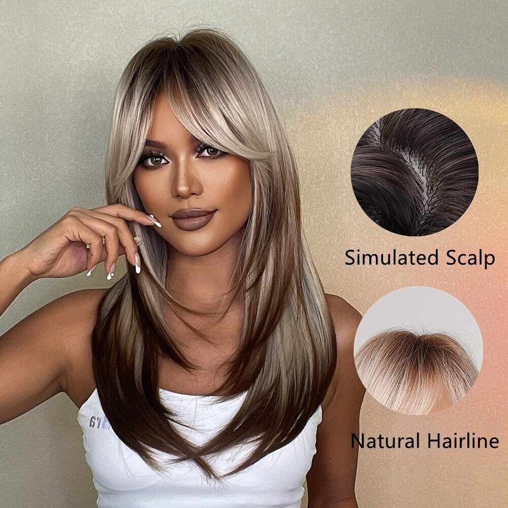 Blonde Layered Synthetic Wigs for Women Long Straight Brown Highlights Wigs
