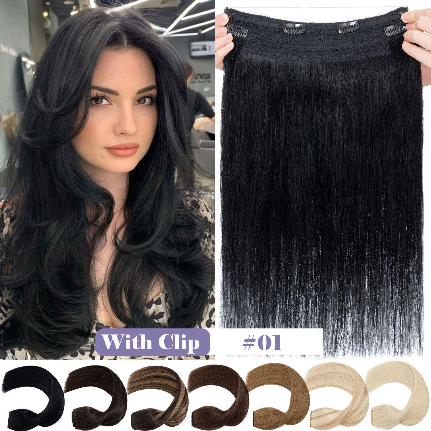 Invisible Wire in Hair Extensions 100% Remy Human Hair & Clips Headband Balayage