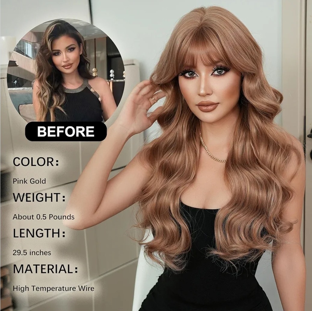 Long Strawberry Blonde Auburn Red Full Wig Human Hair blend layers bangs