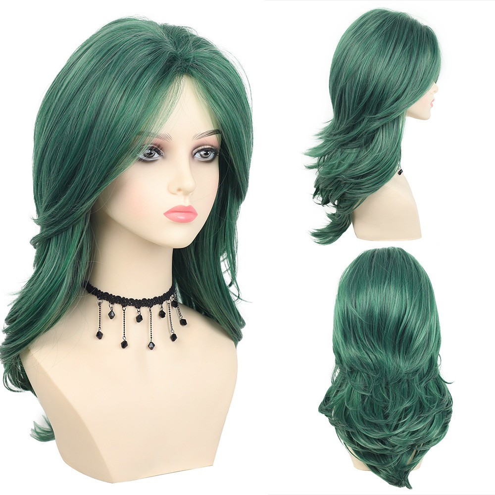 Green Layered Long Wavy Wig for Women Party Cosplay Natural Synthetic Hair Wig