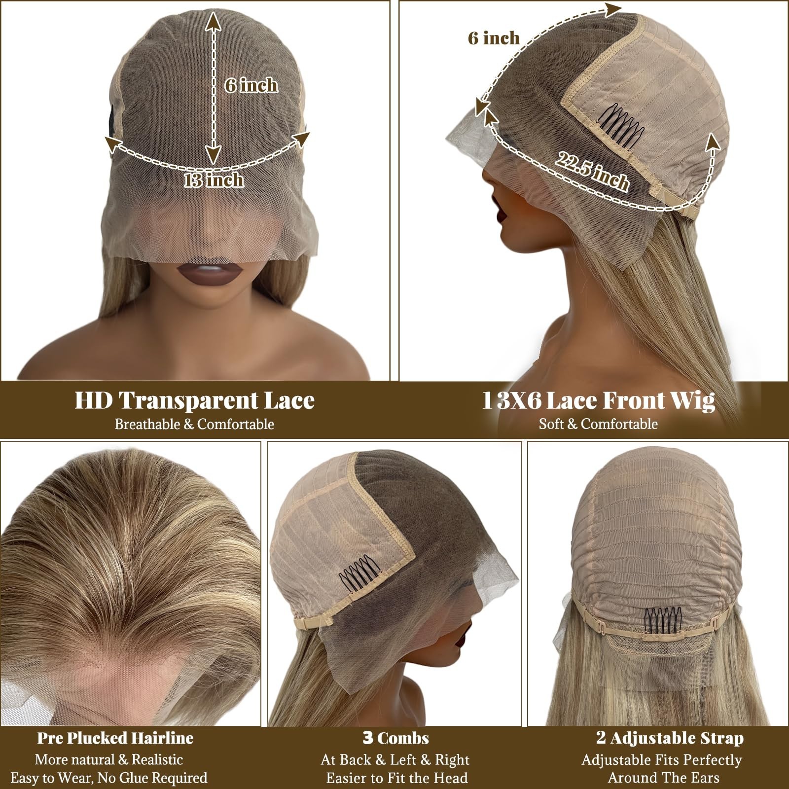 20″ Ombre Lace Front Wig Human Hair, Ash Brown to Blonde, Pre-Plucked, 180% Dens