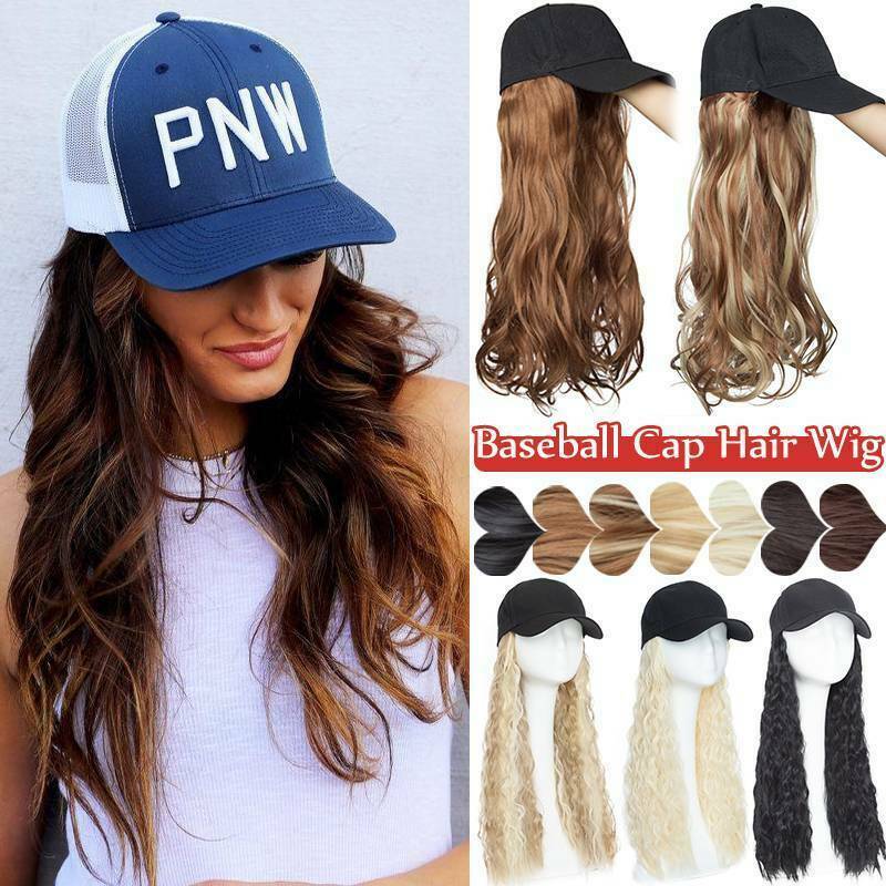 Baseball Hat Cap & Hair Full Head Natural Cover Hair Extensions Wavy Curly Fake