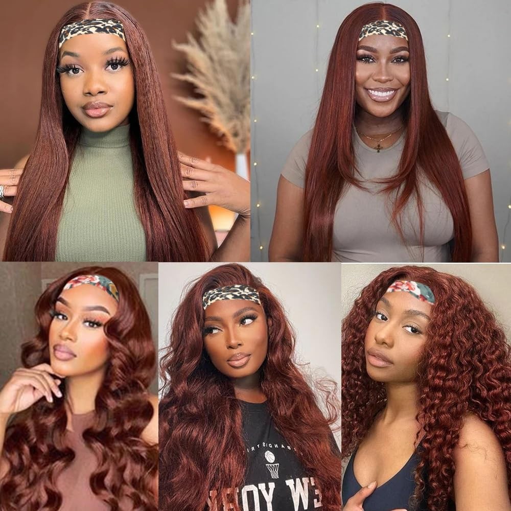 Yiweyowe 28 Inch 33 Reddish Brown Headband Wig Human Hair 150 Density Grade 8A