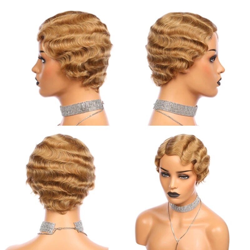 Short Pixie Cut Ocean Wave Brazilian Human Hair Wigs Finger Wave Brown No Lace