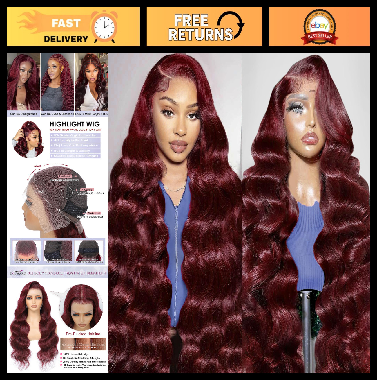 30″ 99J Burgundy Body Wave Lace Front Wig, 200 Density, Pre-Plucked Human Hair