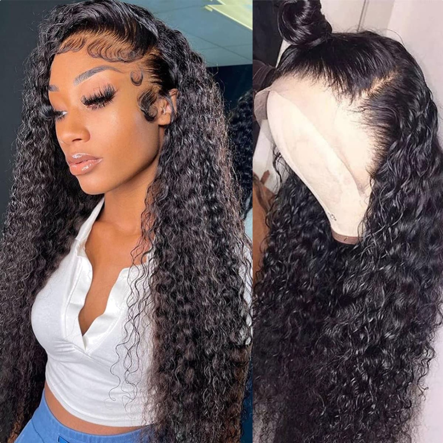 Glueless 22-Inch Brazilian Water Wave Wig – Natural Curly Lace Front Design