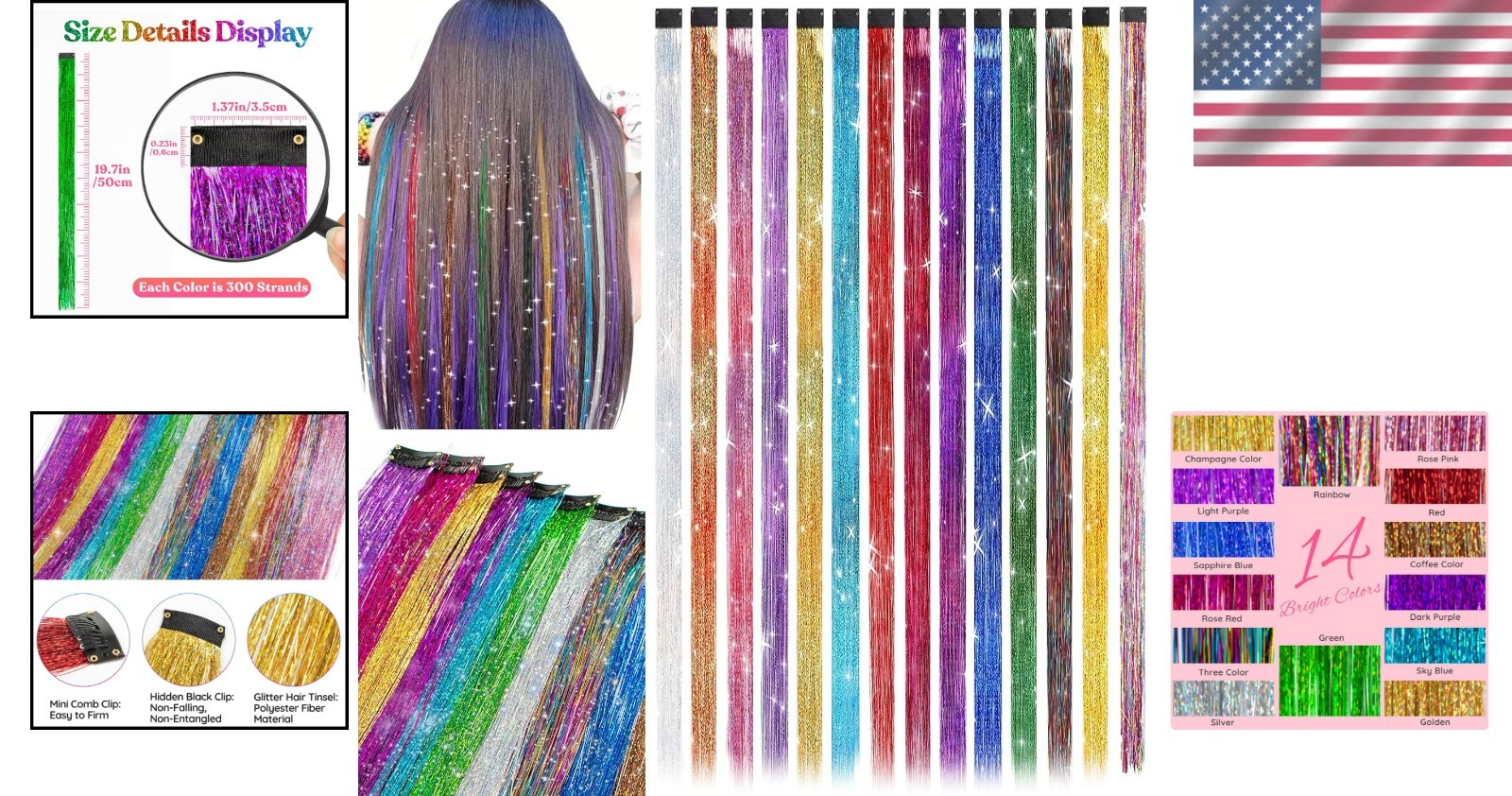 Clip In Glitter Tinsel Hair Extensions 19.7 Inch Perfect for Kid Girl Teens Gift