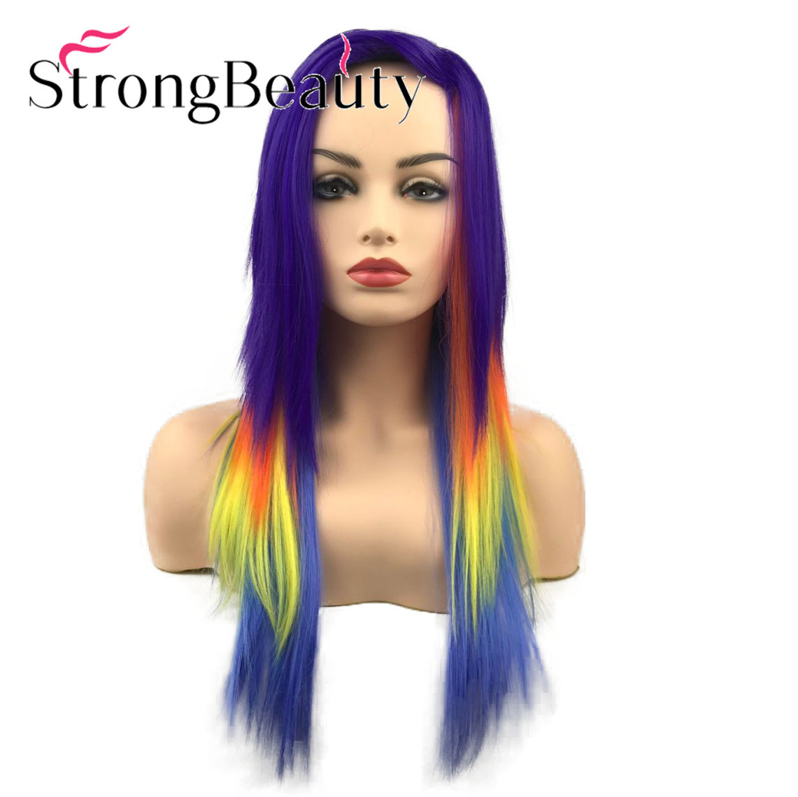 Long Rainbow Cosplay Wig Ponytail Multi Color Synthetic Wigs