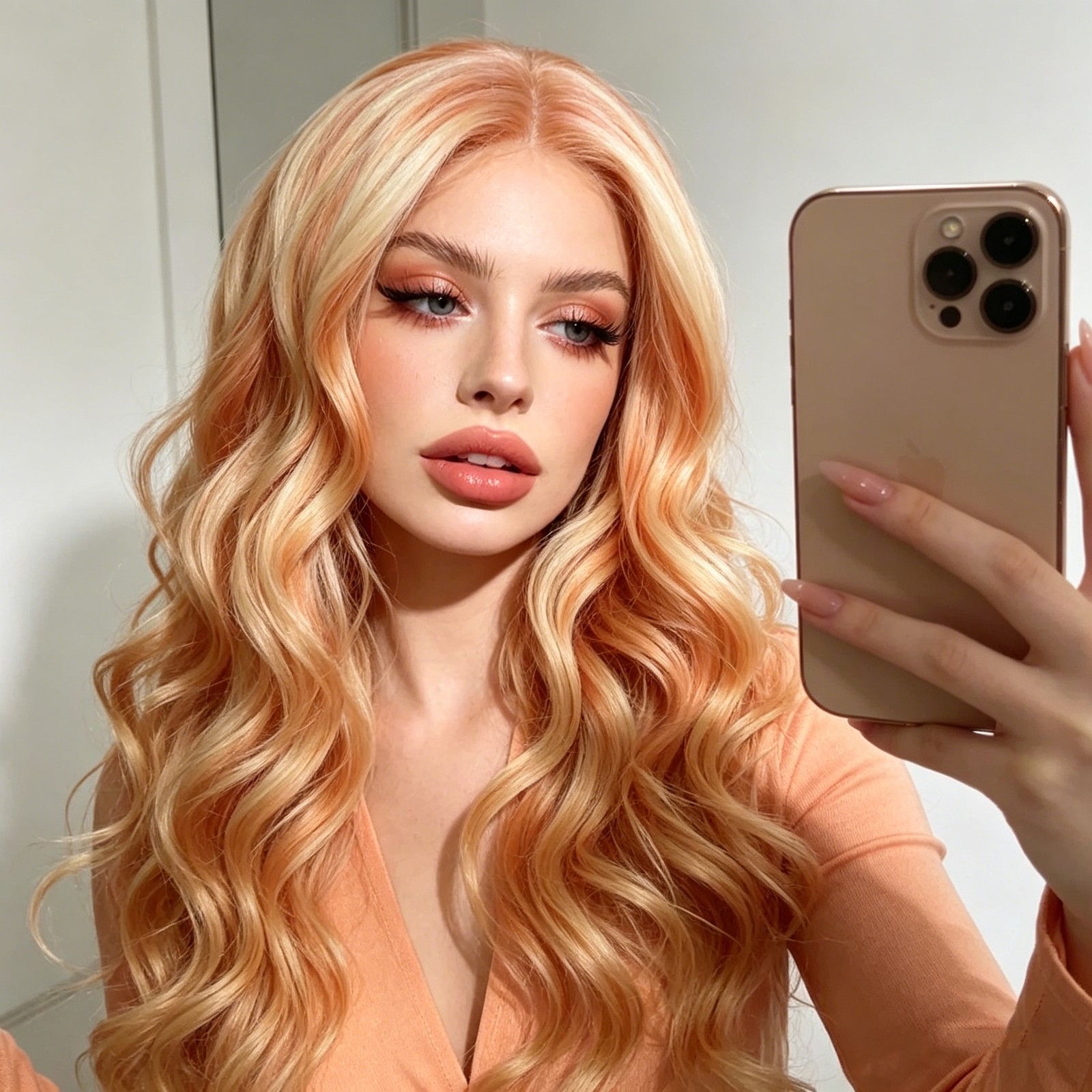 long wave orange with Blond Highlight Lace Front Wig 100% Human Hair Wigs 18″