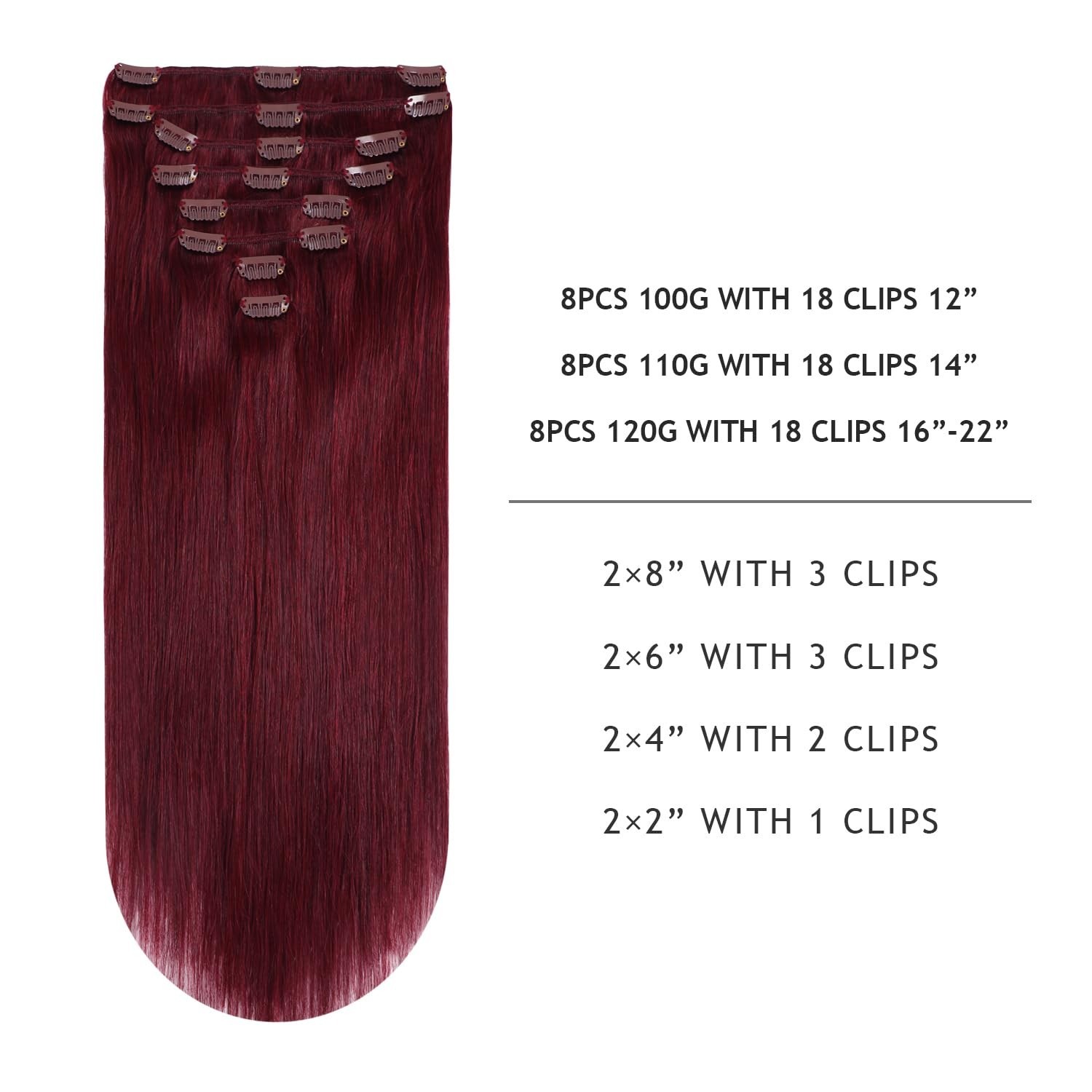 Burgundy Clip-In Human Hair Extensions 18″ 120g Silky Remy Double Weft Thick