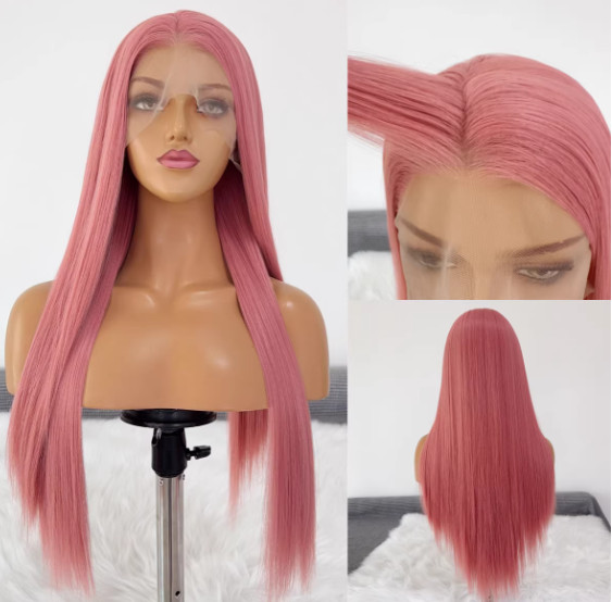 13×4 Lace Front Wig Human Hair Blend Heat Ok Women Smoke Pink Straight Wig 26In