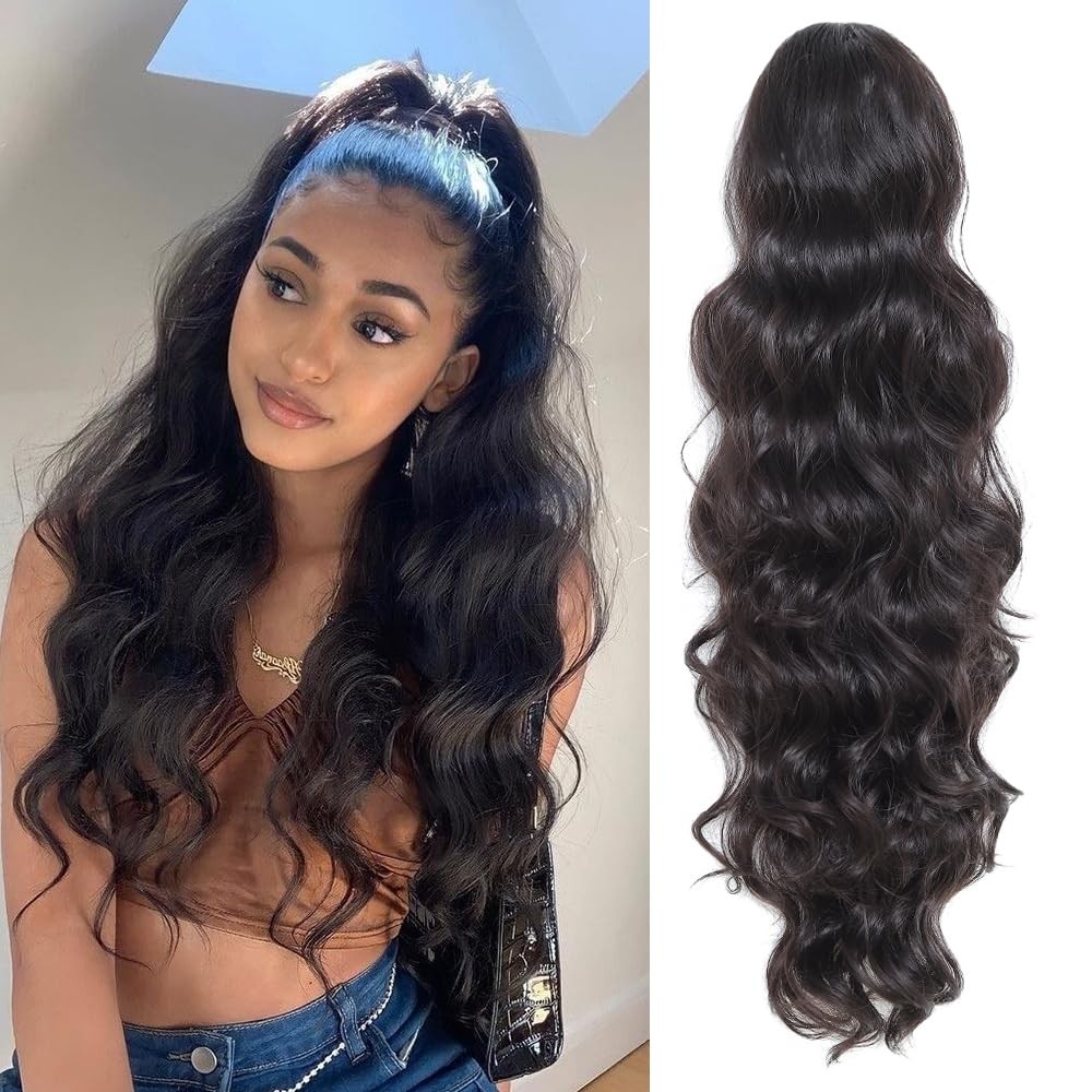 Ponytail Extension 24 Inch Long Body Wave Drawstring Synthetic Hair 165g