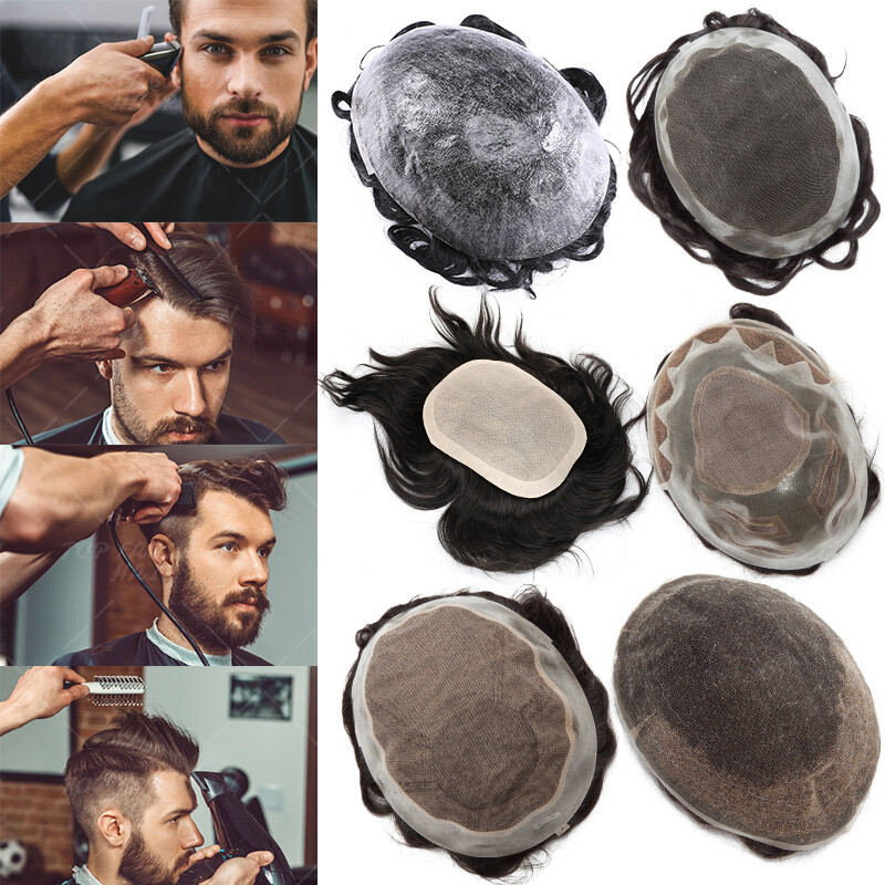 Mens Replacement System Thin Full PU Wig Frontal Toupee Topper Human Hair Gray