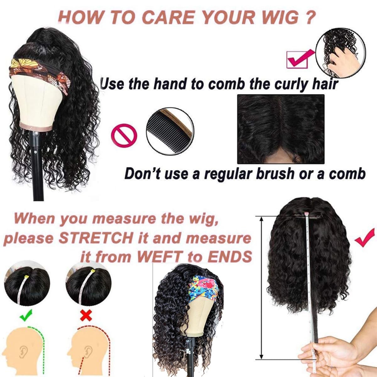 12”Water Wave Headband Human Hair 150% Density Afro Wigs for Black Natural C…