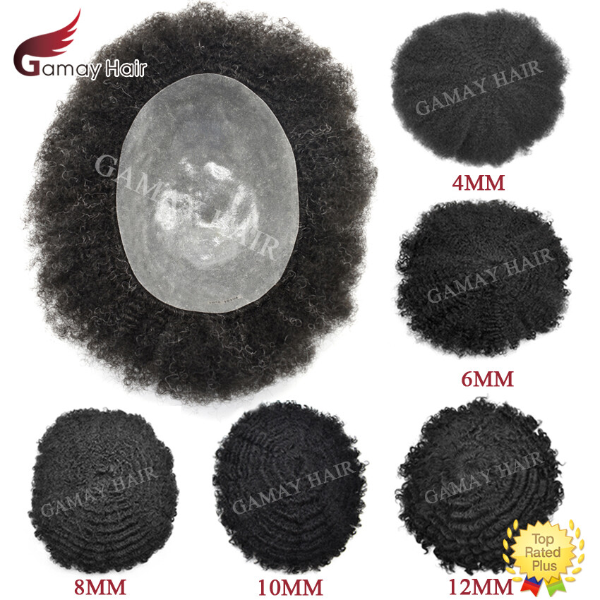Afro Curl Mens Toupee Full Poly African American Hair System Replacement for Men