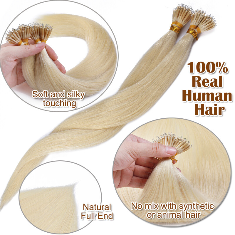 Nano Ring Tip Real Human Hair Extensions Micro Loop Links Beads Bonded Strands