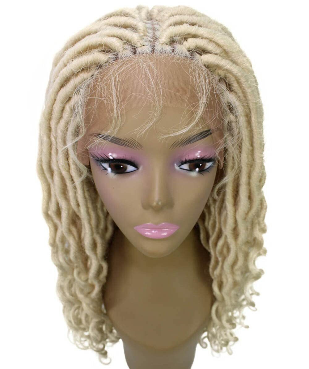 LUXLUXE Andrea 4×4 Curly Long 4X4 Hand Tied Lace Braid Light Blonde Wig