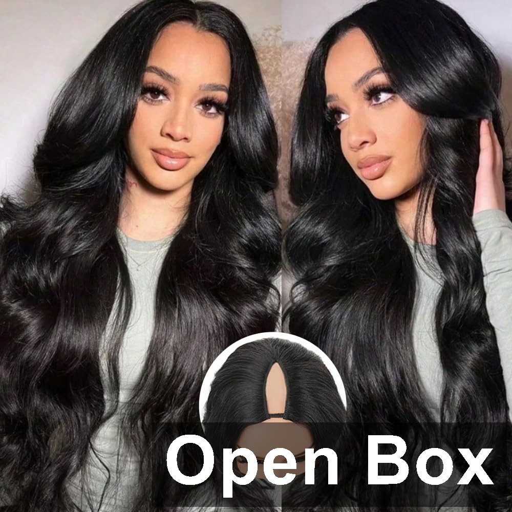 Amznlady 22″ U Part Human Hair Wig With Adjustable Drawstring, Natural Black