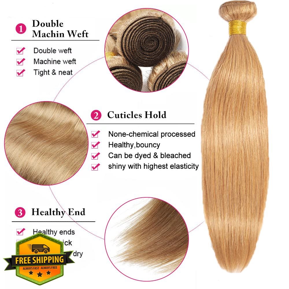 Honey Blonde Straight Human Hair Bundles 12 14 16 Inch Virgin 3 Bundle