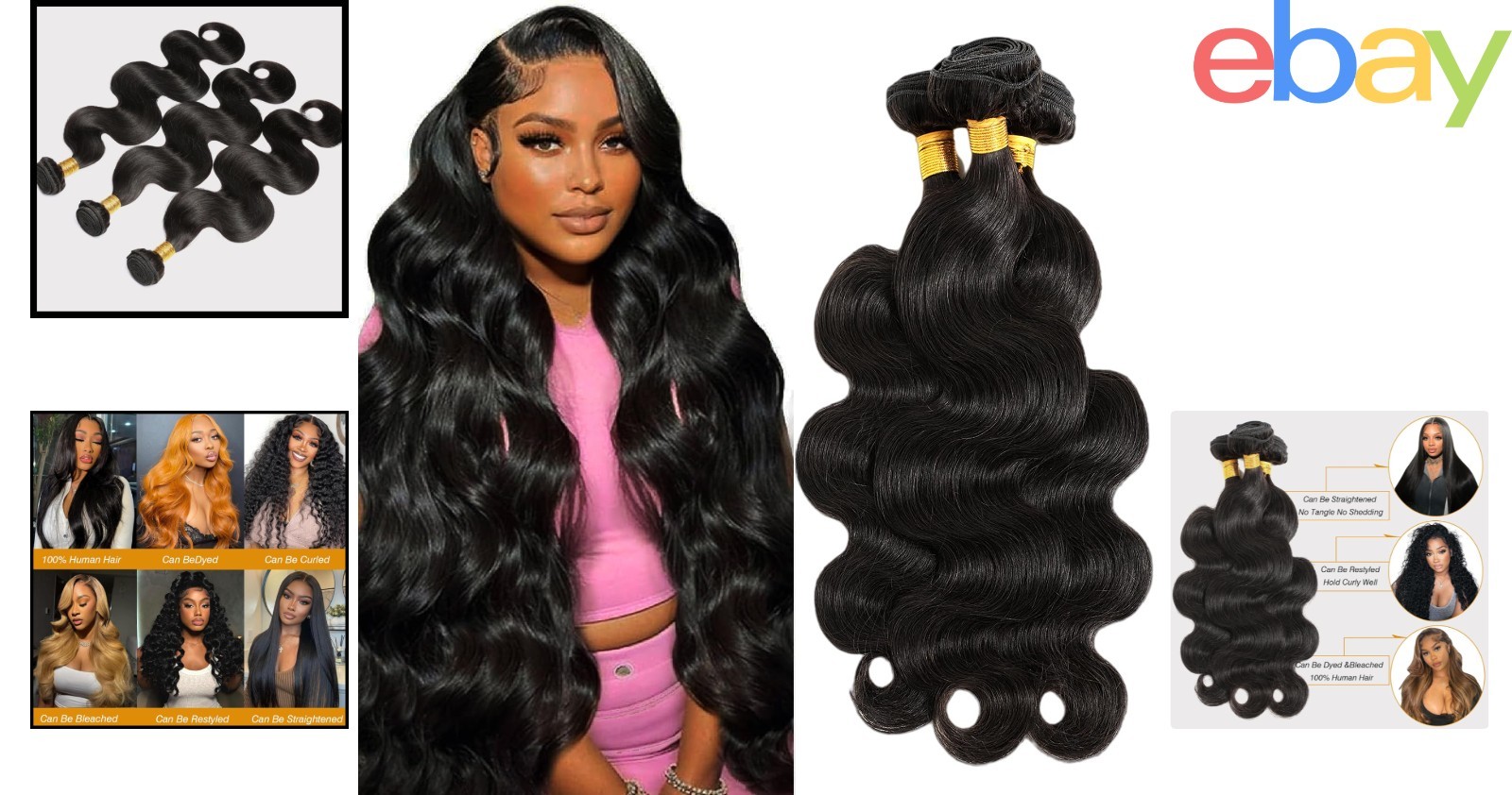 Unprocessed Remy Human Hair Bundles 3 Pack Body Wave Extensions Natural Black