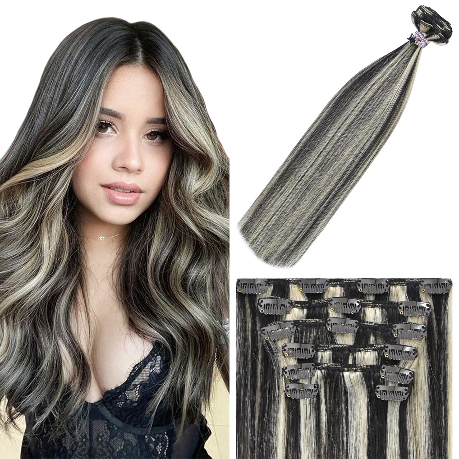 Clip in Hair Extensions Real Human Hair Clip-on Remy Hair Thick Balayage Colors