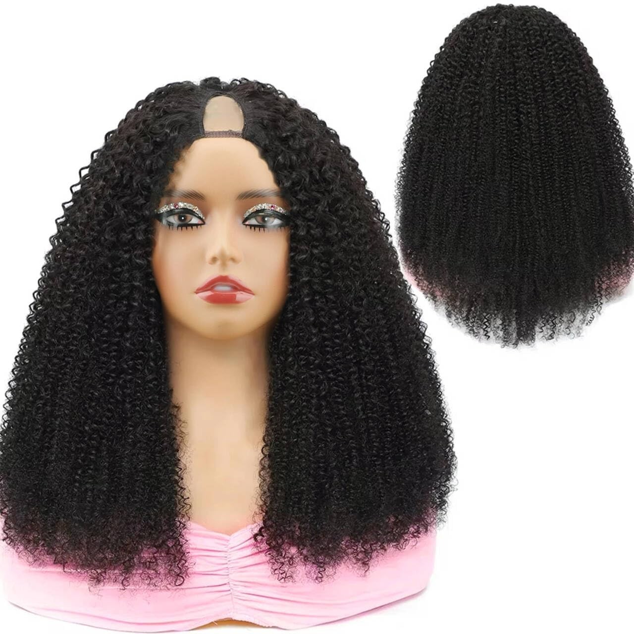 200% Density Afro Kinky Curly V Part Human Hair Wig – Beginner Friendly, 16 Inch