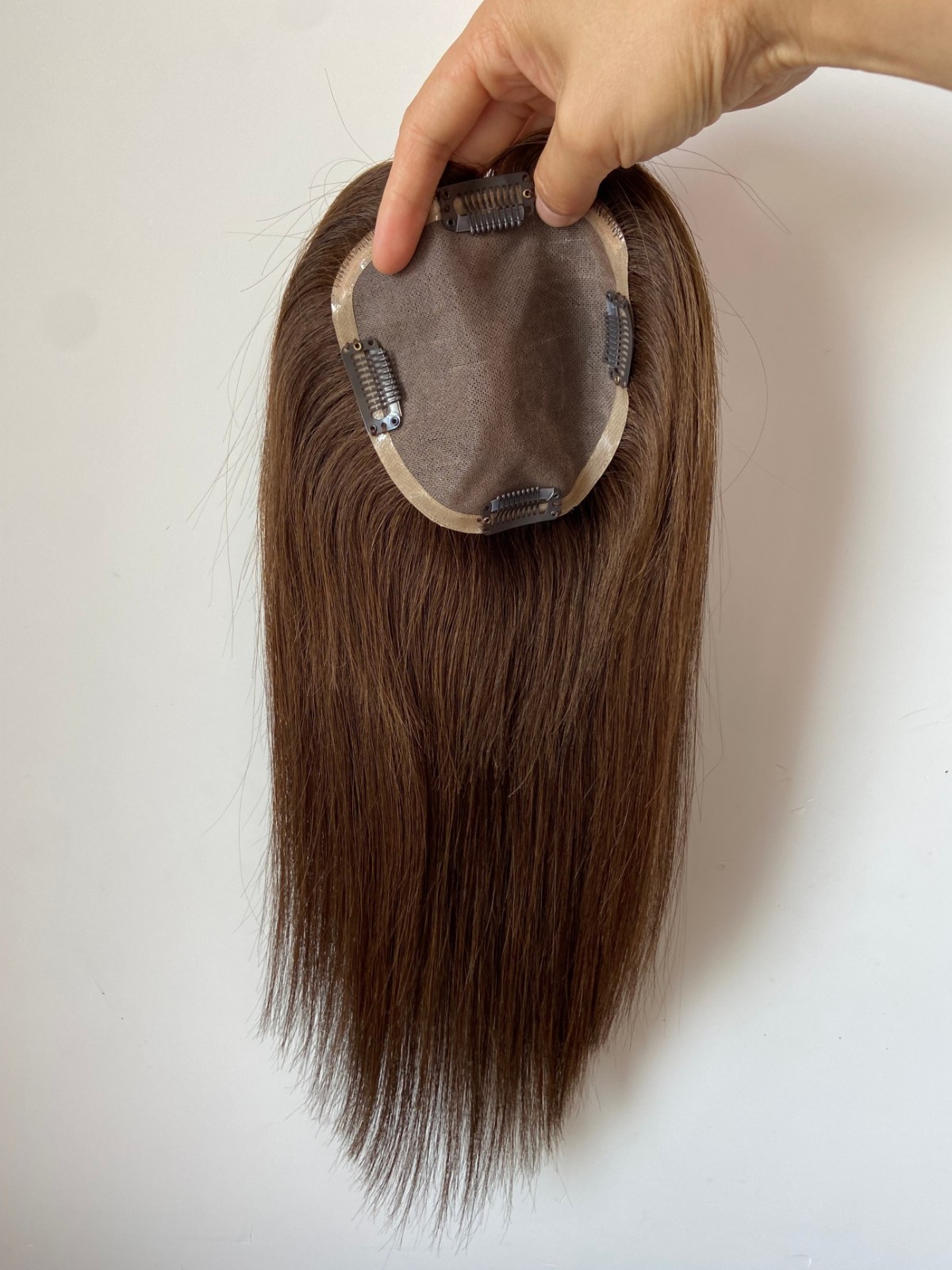 100% HUMAN BRAZILIAN HAIR DARK BROWN 5″x5″ MONO HAIRPIECE 14″ FREE PARTING