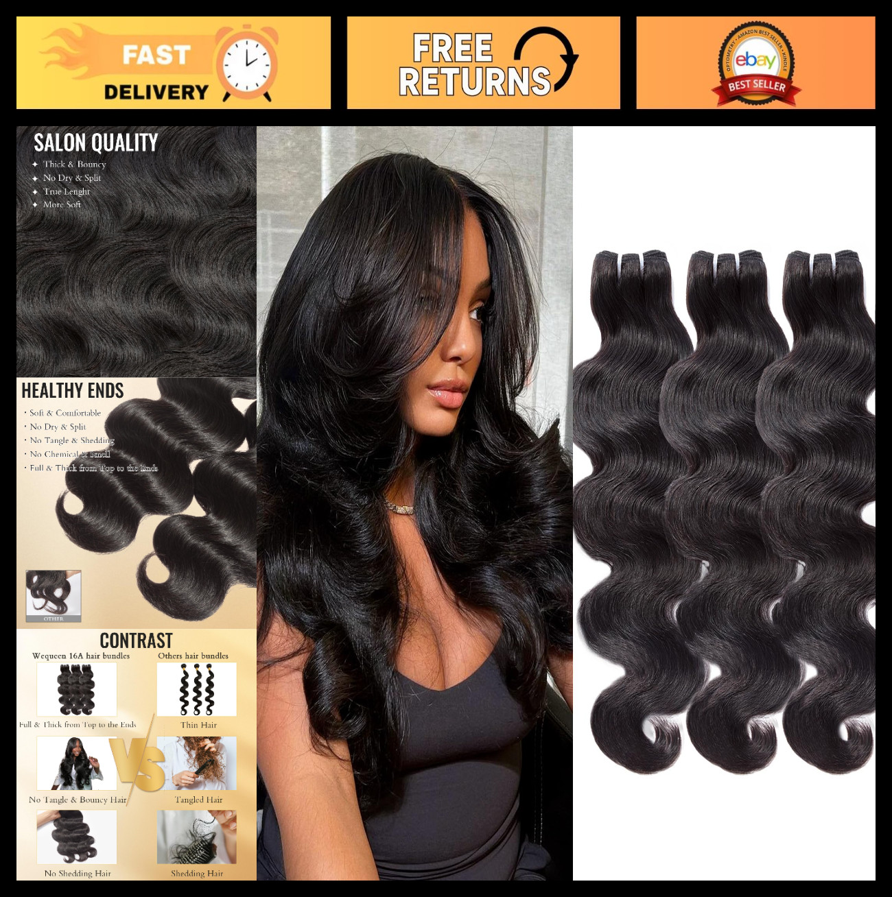 Body Wave Human Hair Bundles – 16A Brazilian Virgin, Silky Soft, 18-22 Inch Thic