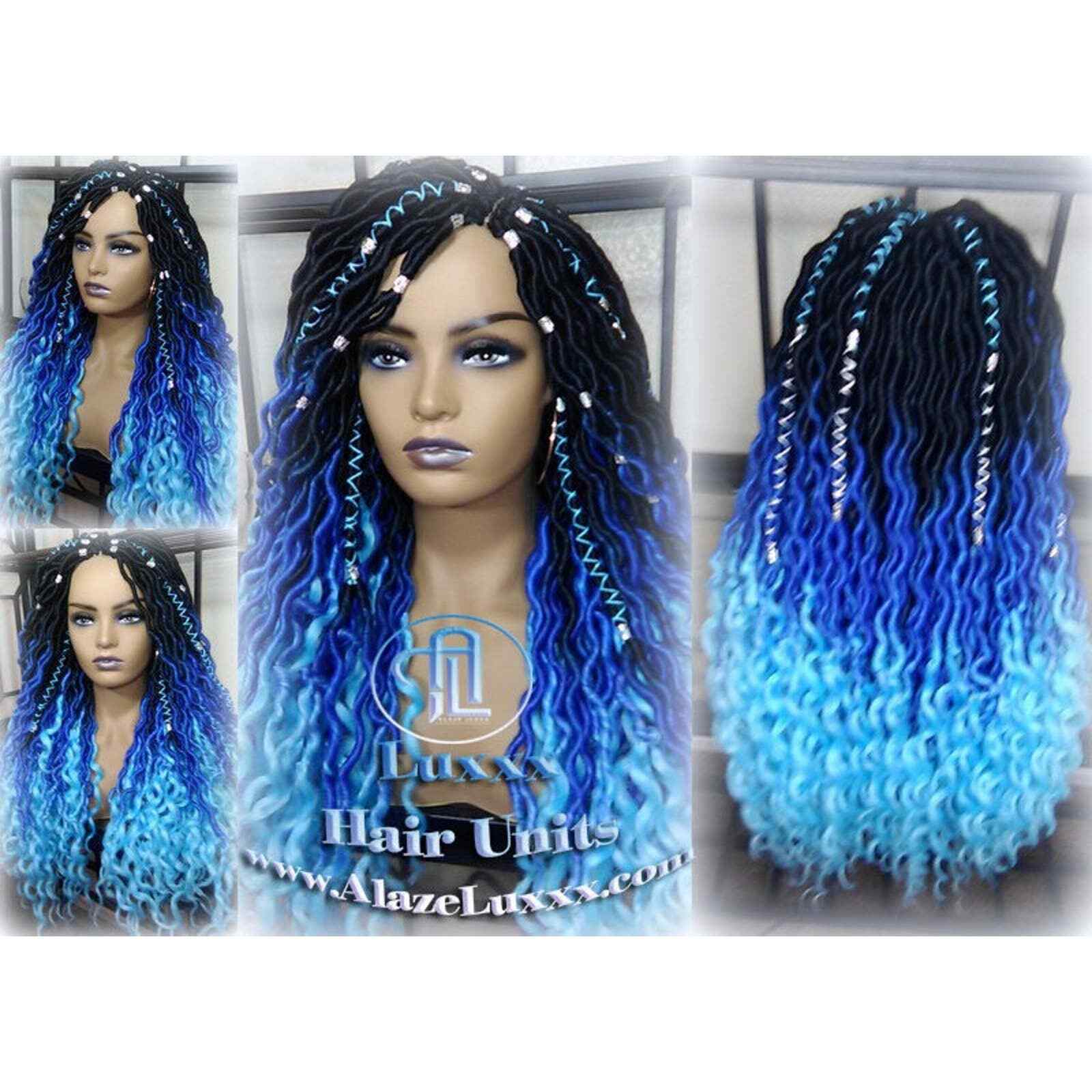 Blue Ombre Goddess Faux Locs Dreadlock Wig Mermaid curly boho bohemian