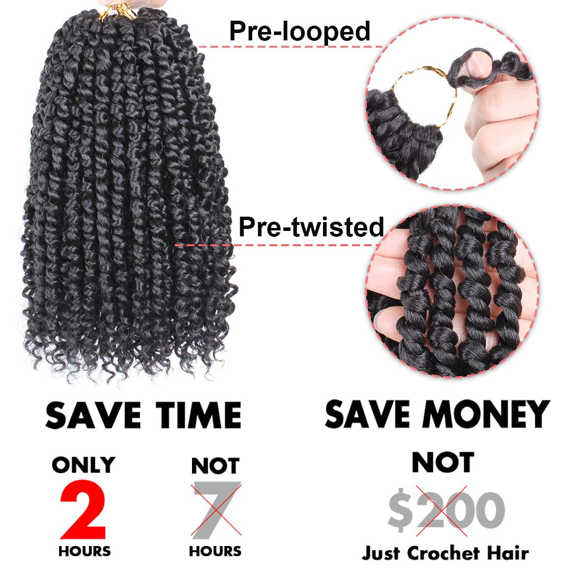 10 Inch 8 Packs Pret Wisted Passion Twist Crochet Hair Natural Black Pre-Looped
