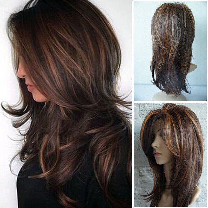 Dark Brown w/Gold Highlight Ombre Shoulder Length Wig Women Synthetic Curly Hair