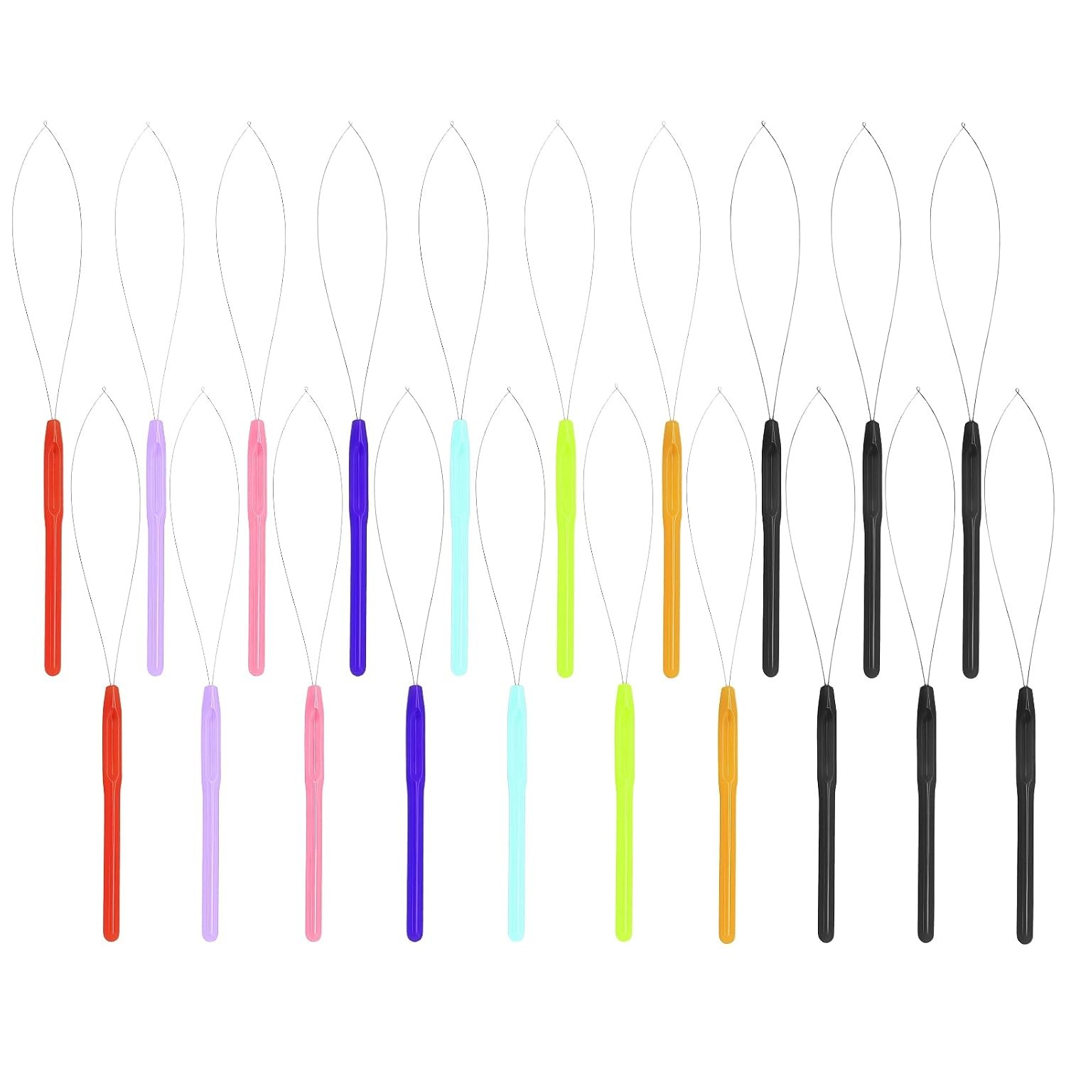20 Pack Hair Extension Loop Needle Threader Tool, 8 Colors Pulling Hook and Bead