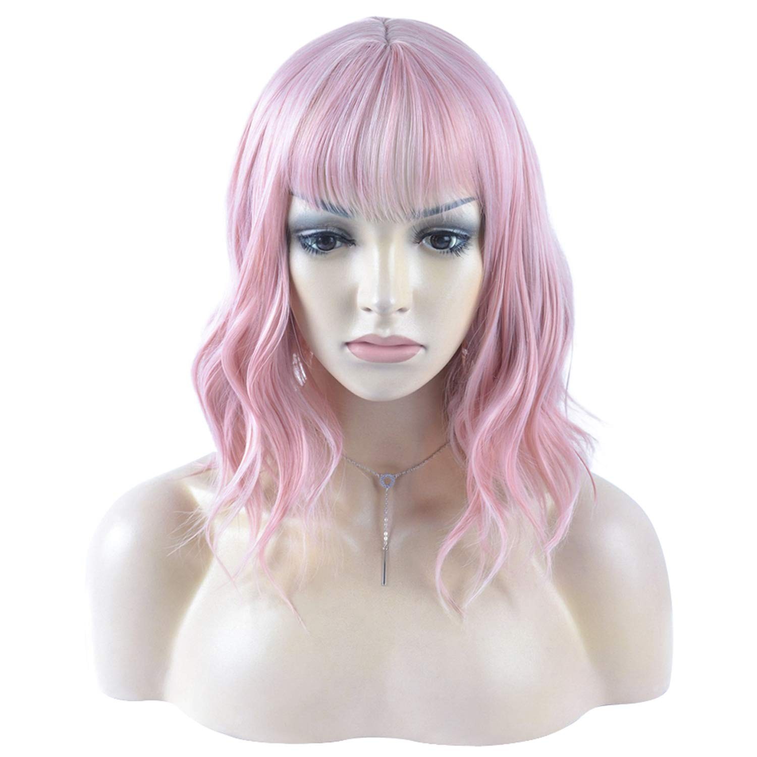 14 Inches Curly Wigs with Bangs for Women Girls Synthetic Wavy Hair Wig (Pink)
