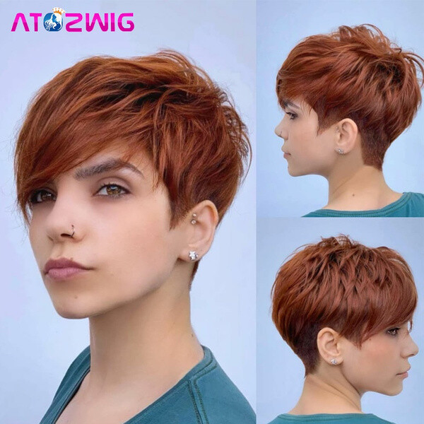 Orange Ginger Short Wig Straight Pixie Cut Copper Orange Wigs for Women