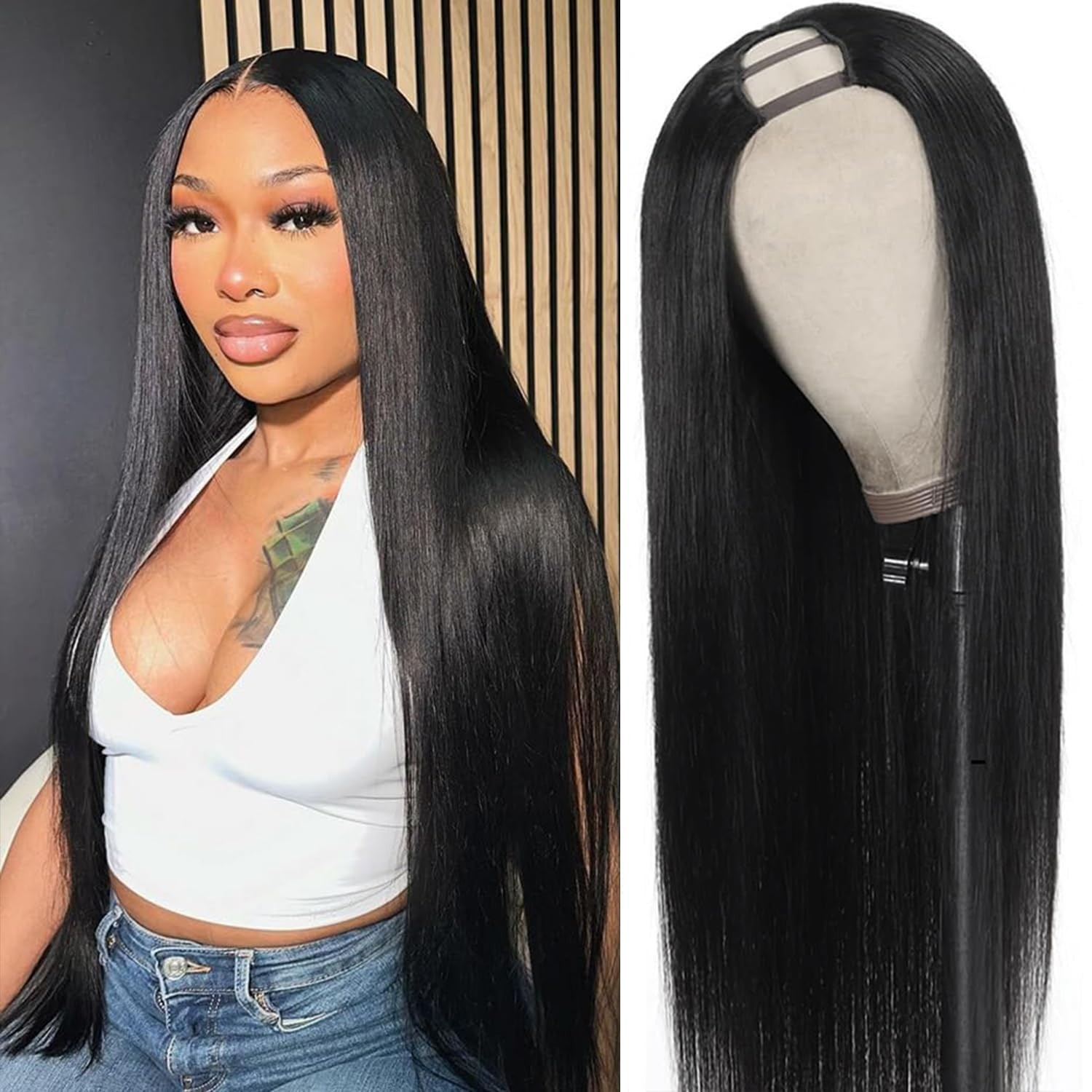 20 Inch U Part Wig Human Hair, Straight Drawstring Glueless Wear & Go, 200% Dens