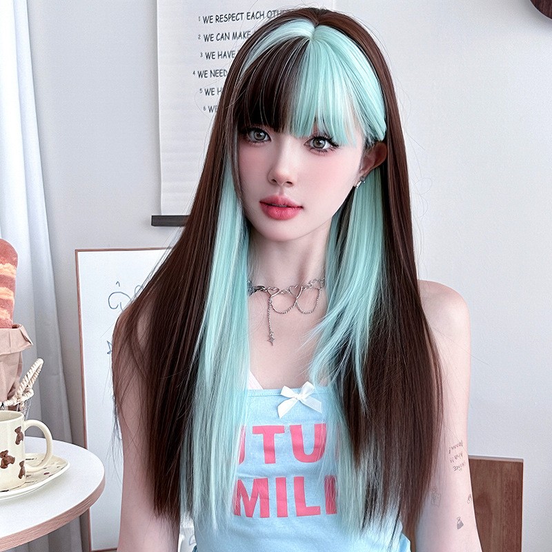 Mint Blue Highlights Long Straight Synthetic Wig Full Head Lace Wig for Women