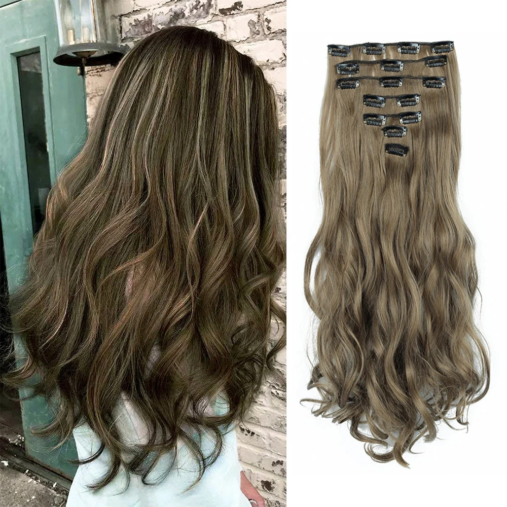 Curly Wavy Clip In Hair Extensions Full Head Synthetic Fake Hair Pieces For Girl