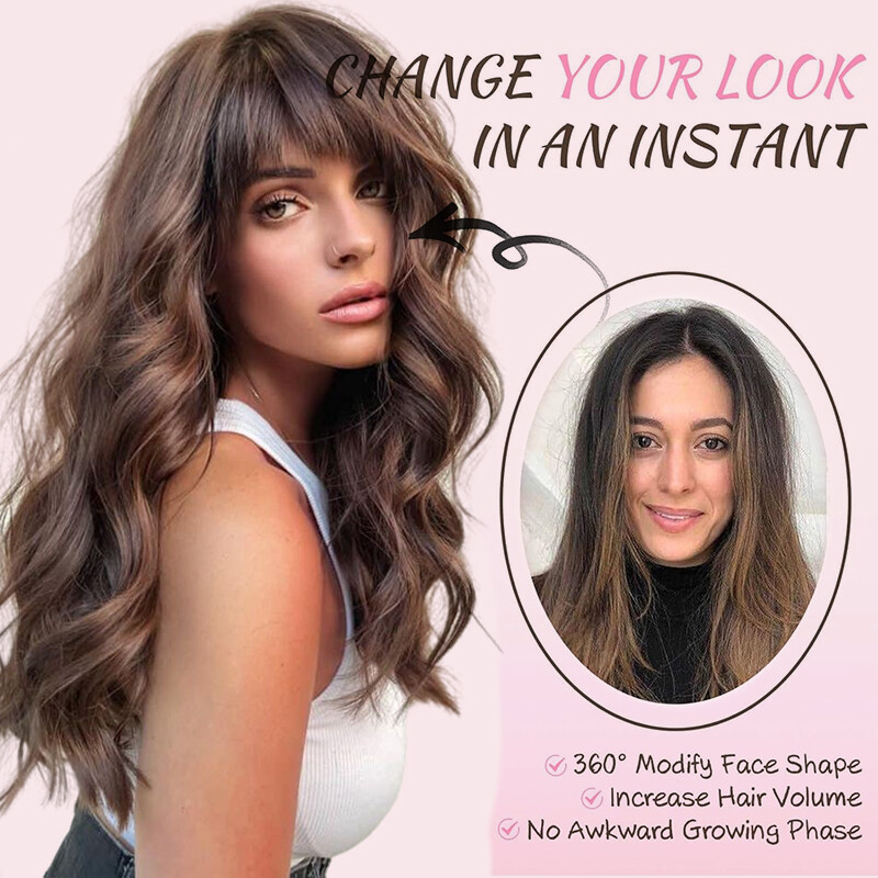 Thick Clip In Topper Hair Extensions Wavy Hairpiece With Bangs Natural as Human