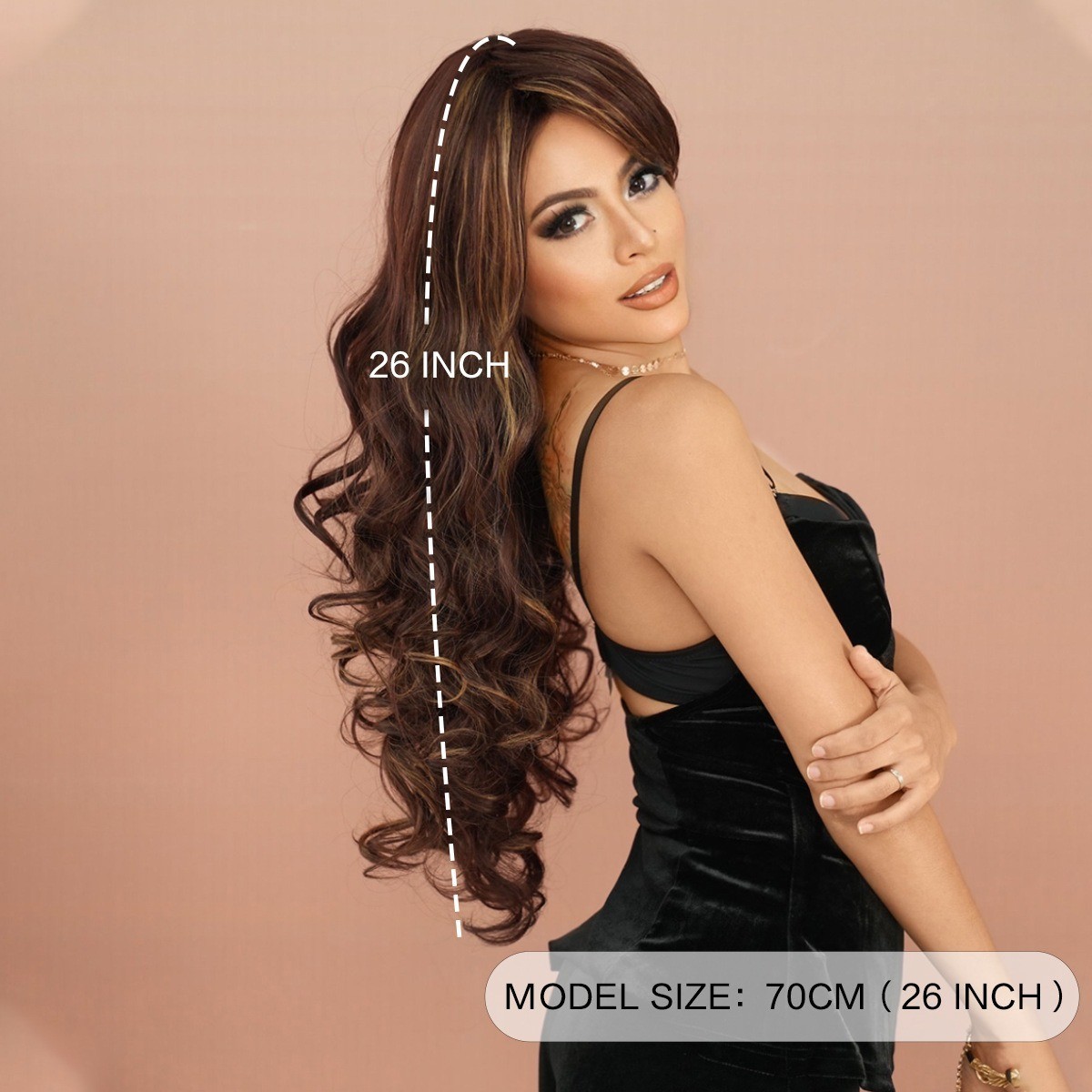 Long wavy red-brown bleached blonde side-parted curly hair wig fluffy
