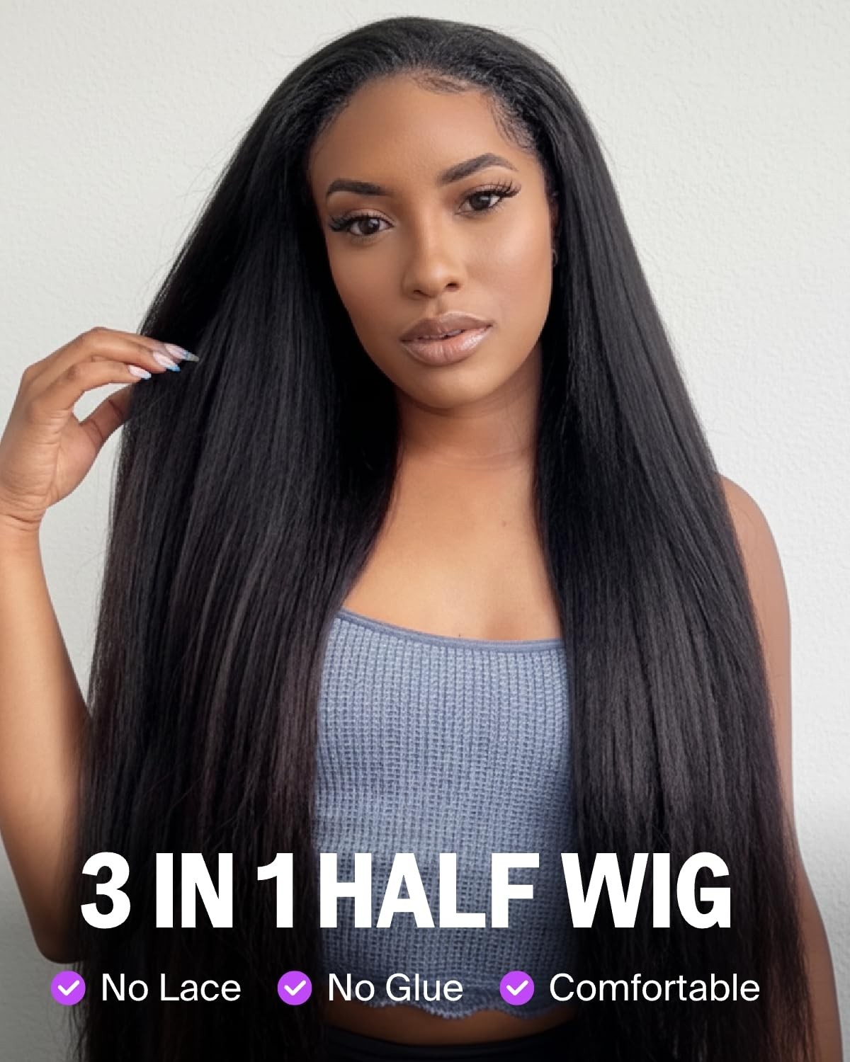 3 in 1 Half Wig Human Hair Yaki Straight Headband Wig Human Hair Seamless Cli…