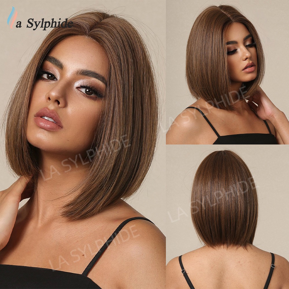 Middle Part Shoulder Length Brown Straight Bob Wig Small Lace Cap Rose Net Heat