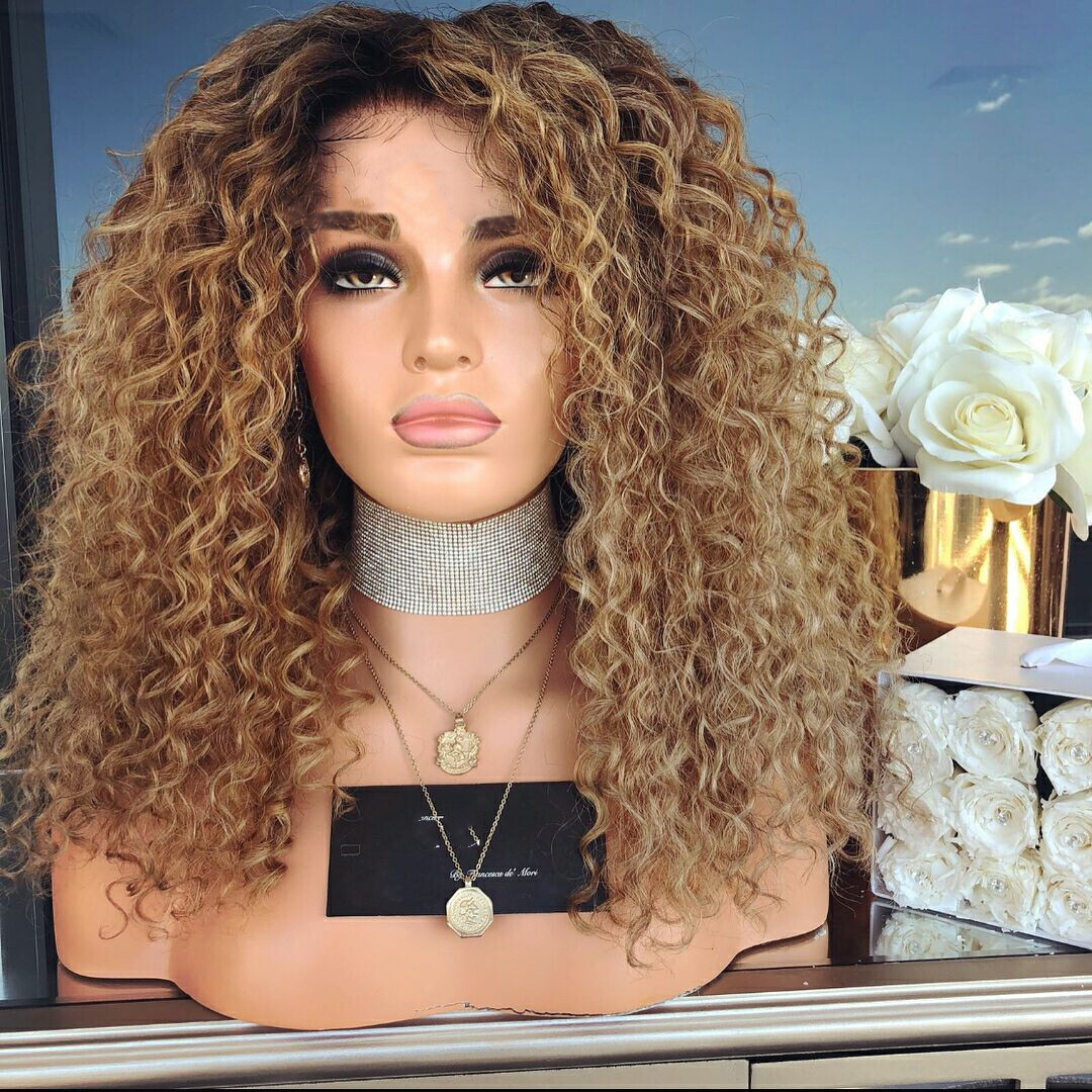 Ombre Blonde Long Deep Curly Heat Hair Synthetic Wigs for African American Women