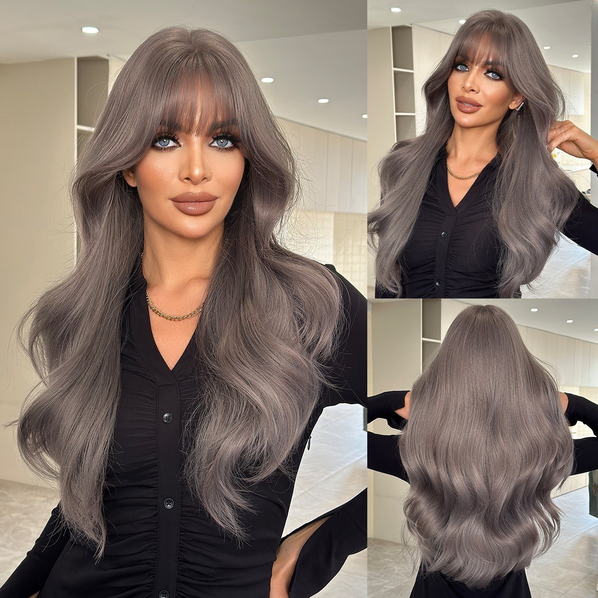Grayish-purple long wavy hair with fringe-style bangs artificial hair natural
