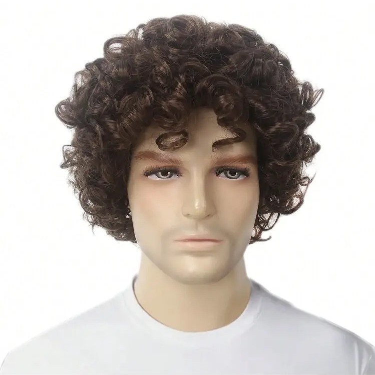 Mens Wig Short Curly Brown Synthetic Hair 12 Inch Natural Looking Daily Wear US