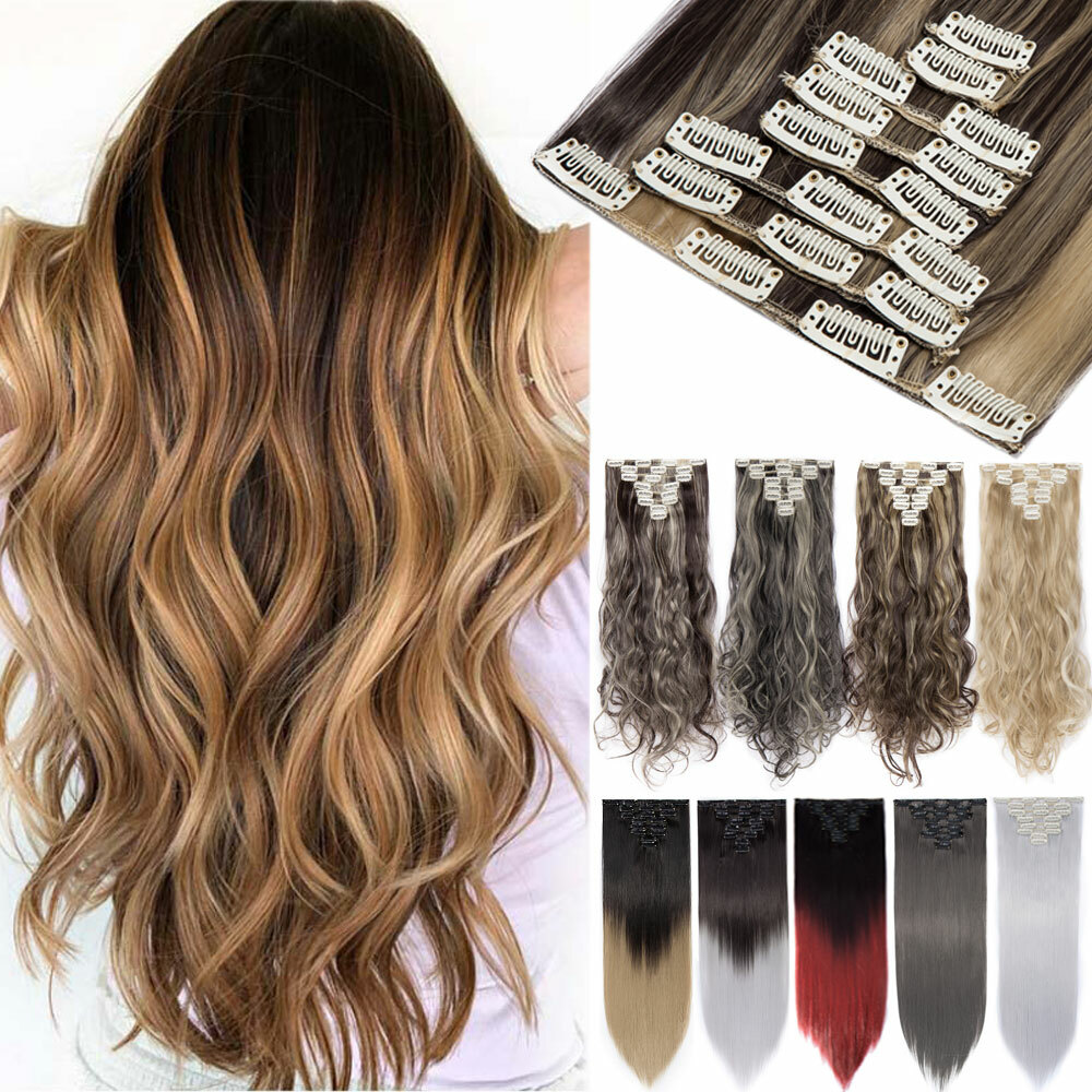 Long 8Pcs Clip in Real Thick as Human Hair Extensions Full Head Dark Ombre US YT