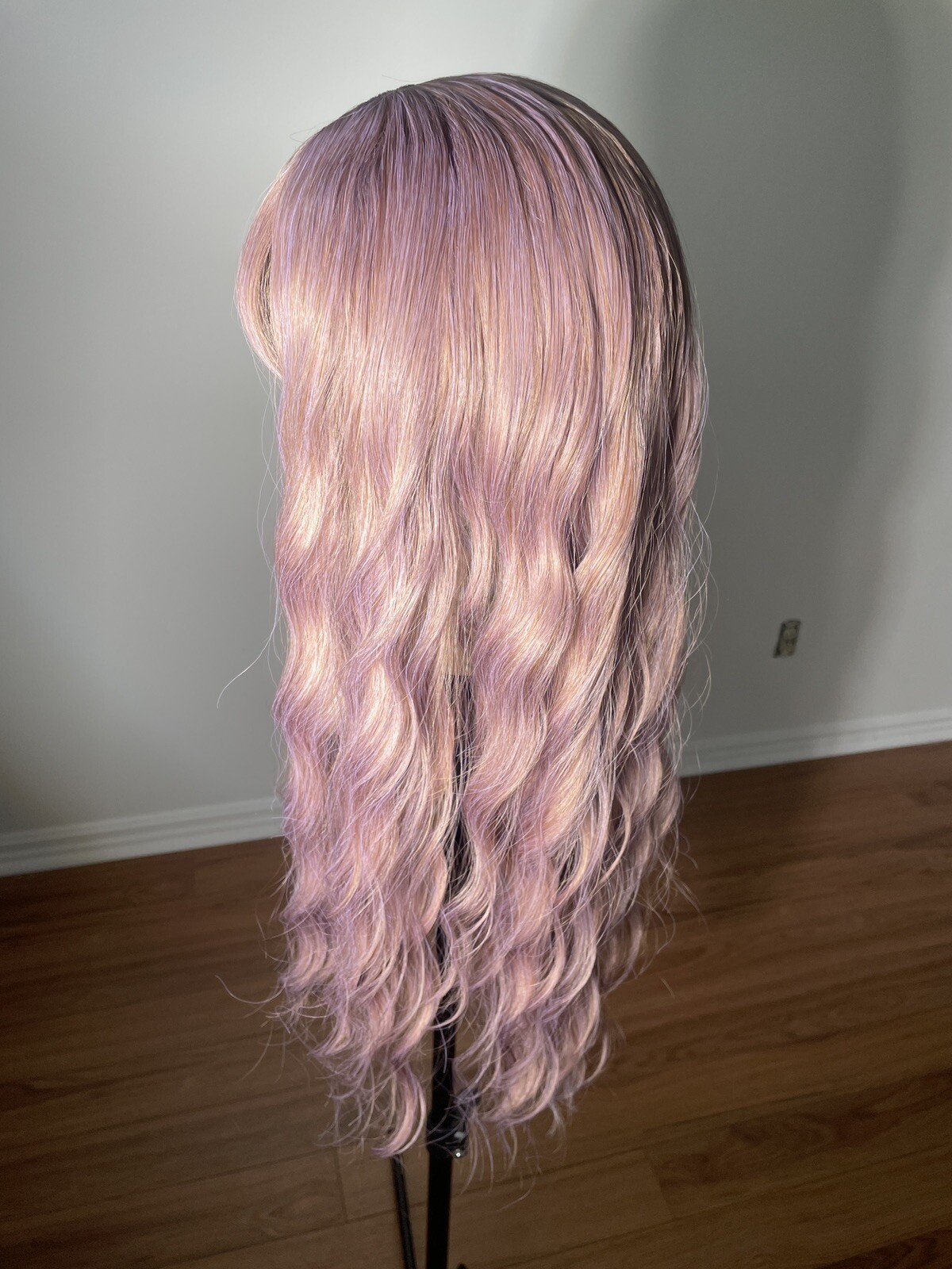 wig, Cosplay 26” Lilac Pink Rose Gold, Synthetic, Bangs, Straight Wavy