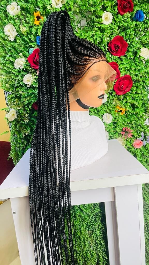 PONYTAIL BRAIDED CONROW WIG ON 360 LACE CLOSURE BLACK 52″