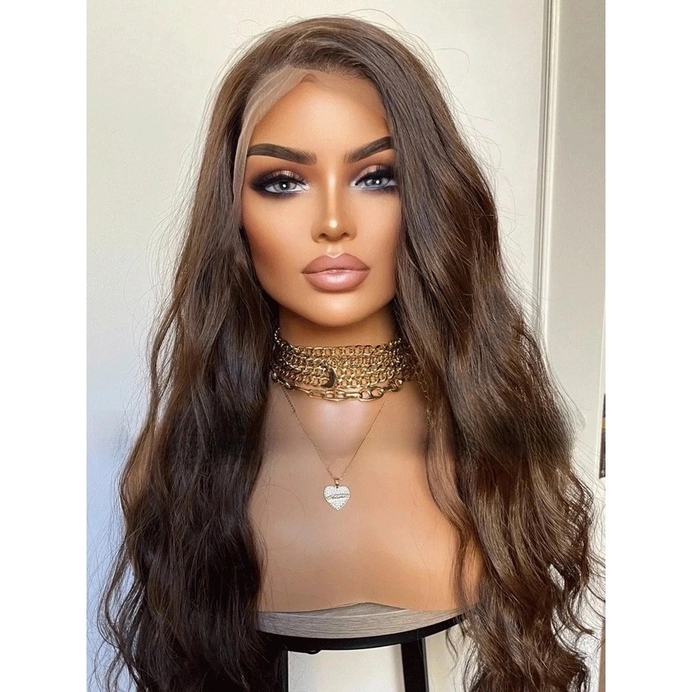 Heat Resistant Synthetic Hair Brown Pre Plucked Frontal Lace Wig Long Wavy