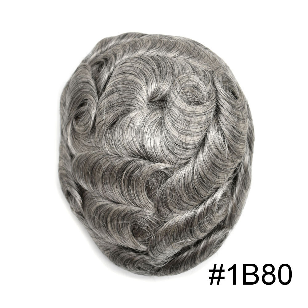 Thin Skin V-Loop Mens Toupee Hairpiece 0.06-0.08mm Poly PU Gray Hair Replacement
