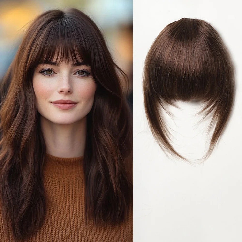 3 Inch Clip In Bangs Dark Brown 100% Human Hair Fringe with Temples Thick French